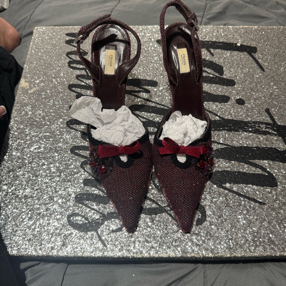 Prada Dark Red Heels with Bow Detail